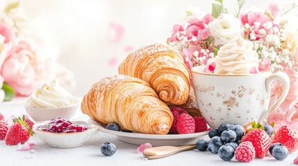 Delicious breakfast featuring croissants, fresh berries, and a creamy dessert in a floral setting
