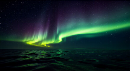 Naklejka premium A serene digital illustration of the Northern Lights reflecting over a tranquil body of water, showcasing vibrant greens and purples against a starry night sky.