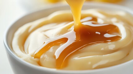 4K high-definition close-up of a bowl of vanilla pudding with a caramel drizzle, smooth and creamy texture, soft lighting, white backdrop.