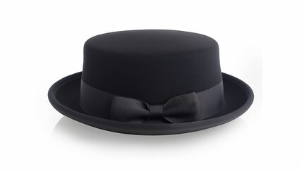 Black porkpie hat on a white background