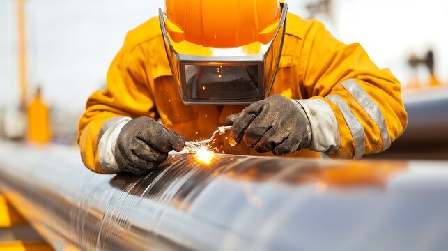 Pipeliner Welding Operations, skilled workers join heavy oil pipes in expansive outdoor settings, ensuring efficient resource transportation in large-scale infrastructure projects