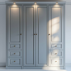 Fototapeta premium Luxury Gray Wardrobe: Modern Built-in Storage Solution for Elegant Home Interiors | Sleek Wooden Furniture & Interior Design Ideas