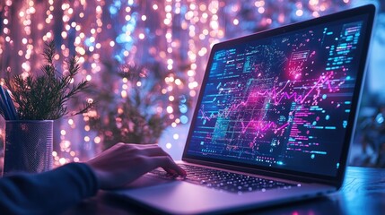 Modern computer displaying vibrant data analytics amidst festive lights in a cozy indoor setting during evening hours