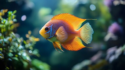 Obraz premium Glowing Discus Fish Surrounded by Lush Underwater Vegetation in Vibrant Orange and Purple Tones