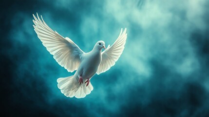 Fototapeta premium White dove flying gracefully in a serene blue atmosphere