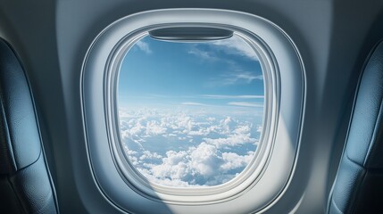Beautiful View of Clouds and Blue Sky Through Airplane Window, Travel Background