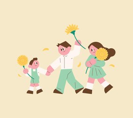 Happy Family Walk dandelion. Flat illustration in simple style. Family Month. spring event