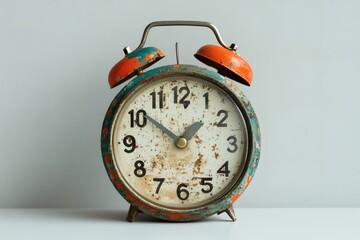 Rustic alarm clock resting on a clean surface. Generative AI