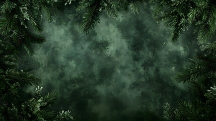 A banner design featuring dense green pine foliage, creating a natural and serene background for outdoor and nature themes