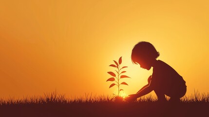 Child planting a tree at sunset nature scene inspirational growth outdoor side view environmental awareness