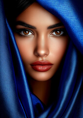 Naklejka premium Woman with brown eyes and red lips is shown in a blue cloth. The woman is wearing a red lipstick and has a red nose. The blue cloth is draped over her face, creating a sense of mystery and intrigue