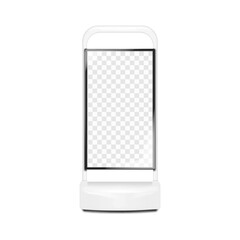 Vertical advertising poster display stand. Empty transparent LCD screen. Realistic 3d vector mockup. LED billboard sign TV video panel. Mock-up. Self-service kiosk. Template for design
