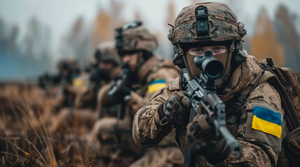 A group of soldiers in tactical formation in a misty field, equipped and alert, showcasing modern military readiness and teamwork