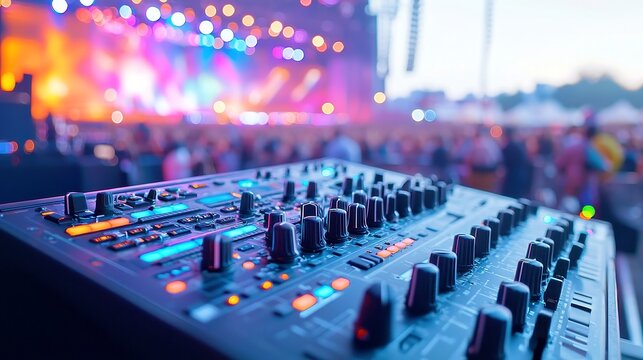 Concert Setup in Action, a dedicated stage rigger meticulously assembling heavy audio and lighting equipment in an expansive venue, preparing for an electrifying performance.