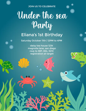 Birthday invitation card vector template. Sea birthday Party theme with fishes and other elements.