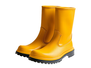 Pair of Vibrant Yellow Rubber Rain Boots with Black Soles Protection From The Elements Waterproof Footwear Isolated on Transparent Background for Rainy Days