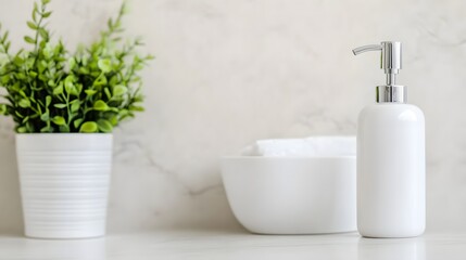 Fototapeta premium Modern Minimalist Bathroom with Hygiene Essentials and Greenery