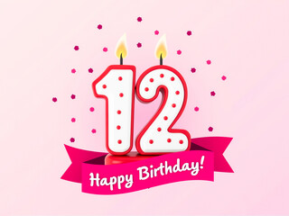 twelve birthday candles with pink confetti and ribbon banner
