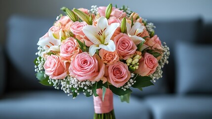 Obraz premium Beautiful wedding bouquet, soft pink and white roses, lilies, interior setting. Possible use wedding, floral design