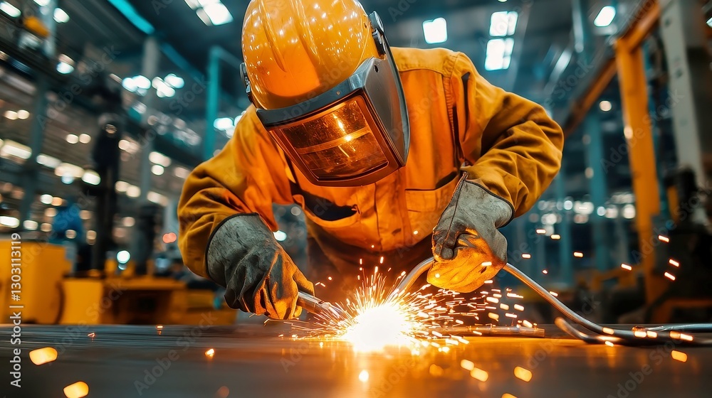 Poster skilled welder shaping metal, fusing components with precision in a high-temperature workshop, focus