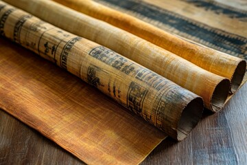 Ancient egyptian papyrus rolls displayed on wooden surface.