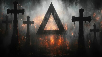 Fiery graveyard crosses behind triangle shape