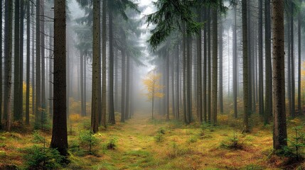 Naklejka premium Misty Forest Path: An Autumnal Enchantment