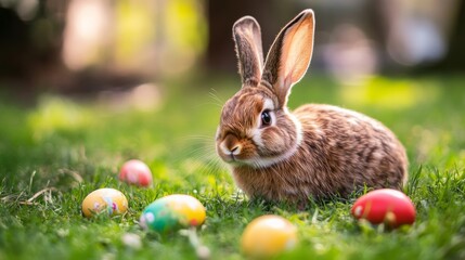 Easter bunny with colorful decorated easter eggs on lush green grass in outdoor spring setting, symbolizing festive holiday celebration.


