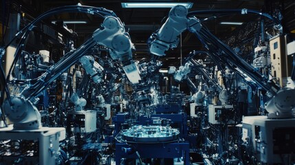 Assembly line with robotic arms in a high-tech industrial setting