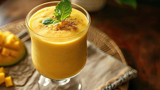 Mango lassi drink with ice India yogurt probiotic drink