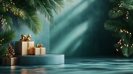 A sophisticated Christmas scene featuring golden gift boxes on a blue pedestal, surrounded by illuminated pine branches