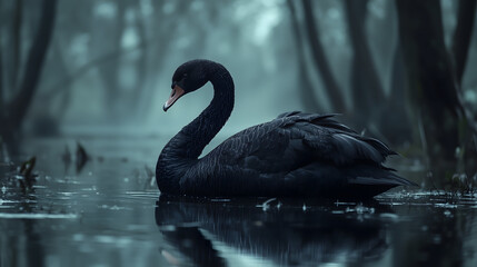 Naklejka premium A stunning black swan gracefully floating on calm waters in a misty, atmospheric swamp