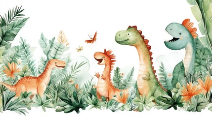 Cute watercolor dinosaurs in jungle.