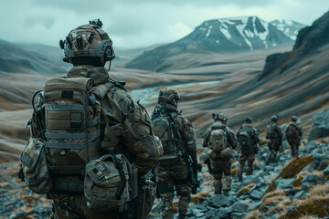 A group of special operations soldiers in tactical gear patrols a rugged mountainous terrain under overcast skies, prepared for a strategic mission in harsh conditions
