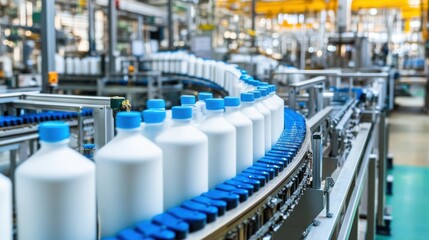 Bottles on Conveyor Belt in Modern Manufacturing Plant Interior