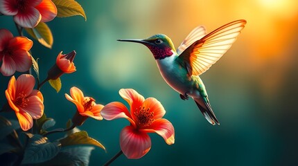 Fototapeta premium Hummingbird with Flowers