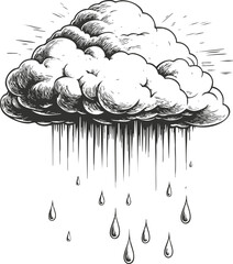 Hand-drawn black and white illustration of a cloud with rain drops.
