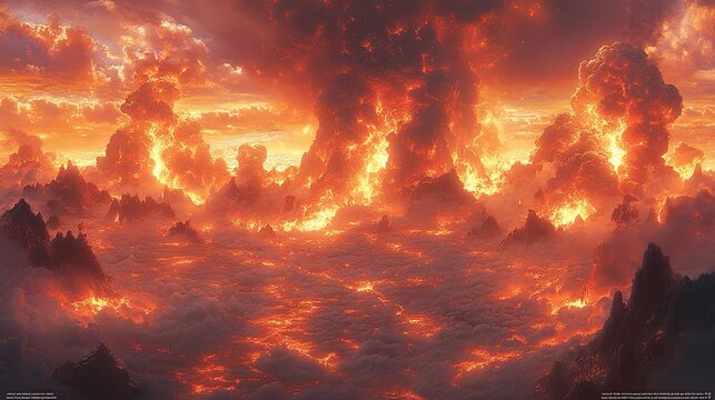 Fiery clouds over mountain peaks; breathtaking landscape; epic scene; possible use for desktop wallpaper or movie poster