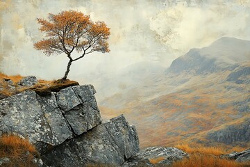 Autumnal lone tree craggy peak