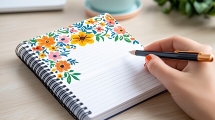 Woman's Hand Writing in Floral Notebook on Wooden Desk