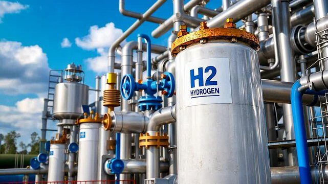 Industrial hydrogen storage facility with pipelines and equipment under a blue sky