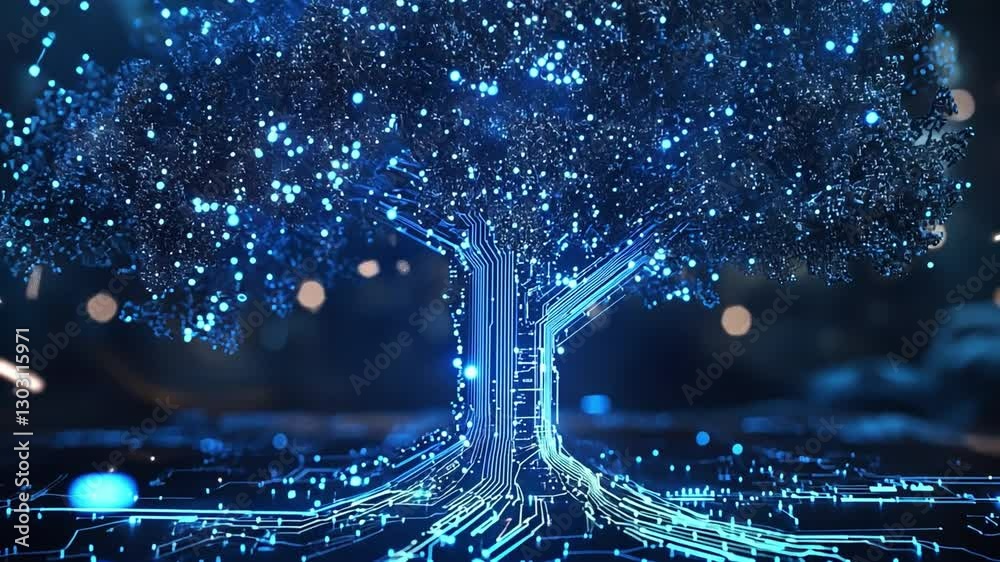 Wall mural glowing blue circuit tree representing ai and machine learning, futuristic technology background