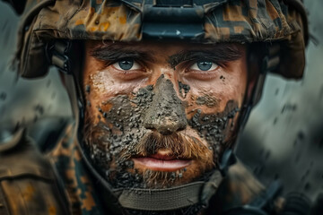 Fototapeta premium Portrait of a Determined Soldier with Weathered Face Paint and Tactical Gear in a Gritty, Intense Close-Up