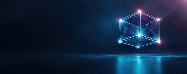 A glowing, geometric cube floats in a dark environment, illuminated by vibrant blue and red lights, suggesting a futuristic or digital theme.