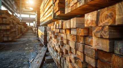 Massive stacks of wood timbers stored inside a large warehouse