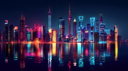 Fototapeta premium A vibrant futuristic cityscape reflecting beautifully across the dark water