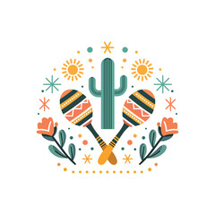 Obraz premium Cinco de Mayo Illustration Maracas Cactus Flowers Folk Style Graphic