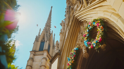 Gothic church façade with ornate ornament, steeple, and detailed architecture