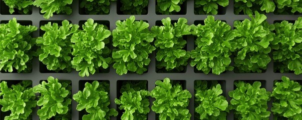 Fototapeta premium A vibrant display of fresh, green lettuce, neatly arranged in a grid, showcasing healthy growth and cultivation.