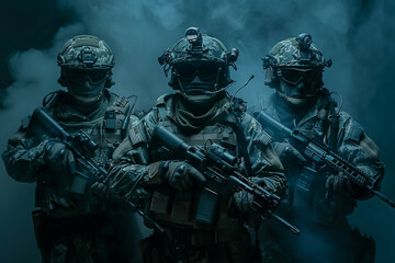 Three special forces operatives in full tactical gear amidst a smoky backdrop, poised for a mission